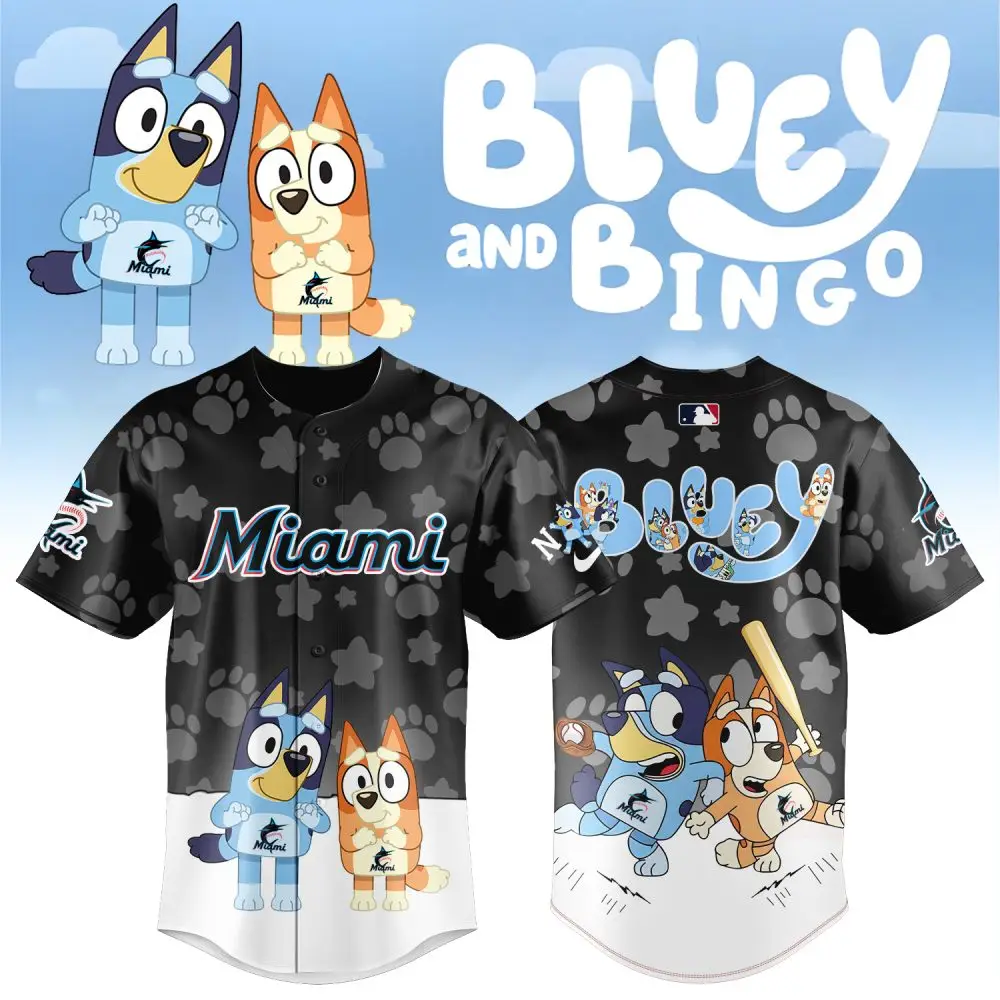 Bluey & Bingo Miami Baseball Jersey - Kids Cartoon Fan Apparel Gift Bluey & Bingo Miami Baseball Jersey - Kids Cartoon Fan Apparel Gift - Image 1