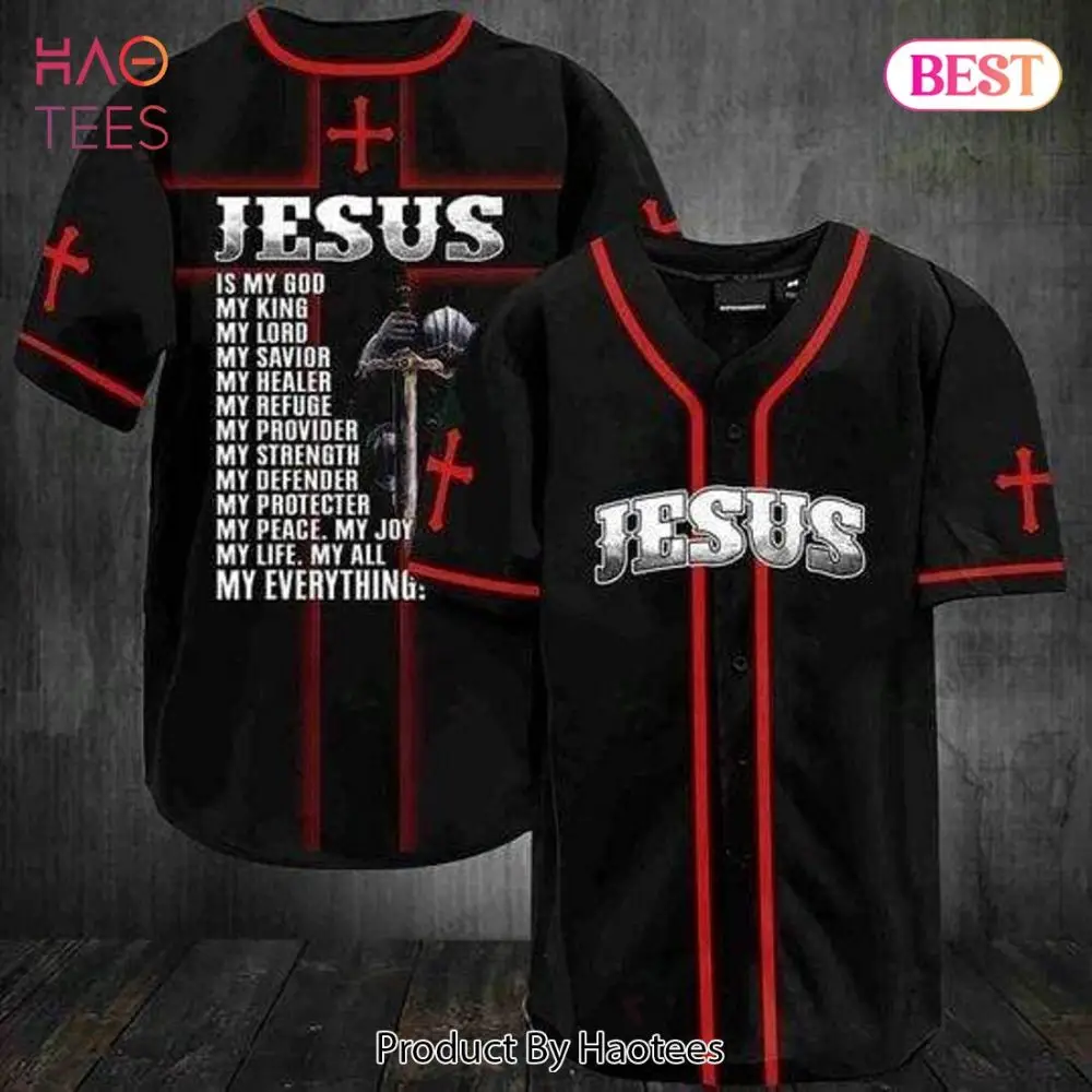 Bold 'Jesus' Baseball Jersey - Faith-Inspired Design, Black & Red, Unisex