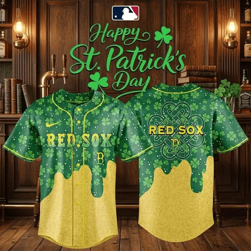 Boston Red Sox St Patrick'S Day Lucky Gold Drip Jersey 2026 Gifts For Baseball Fans