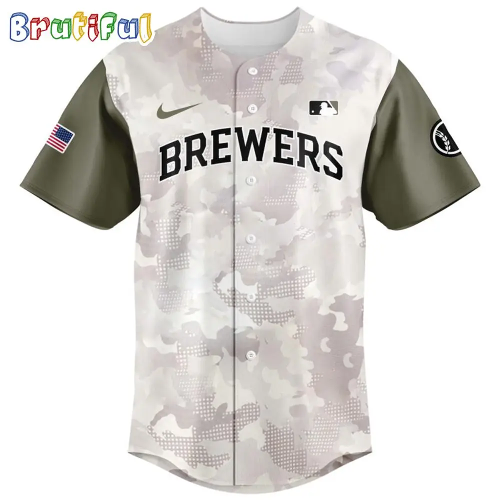 Brewers Camo Baseball Jersey - Stylish Military Edition With Usa Flag Patch - Perfect For Fans!