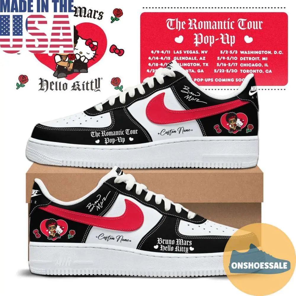 Bruno Mars x Hello Kitty 2026 The Romantic Tour Pop-Up Air Force 1 Shoes , Gift For Fans - Best Gift Shoes