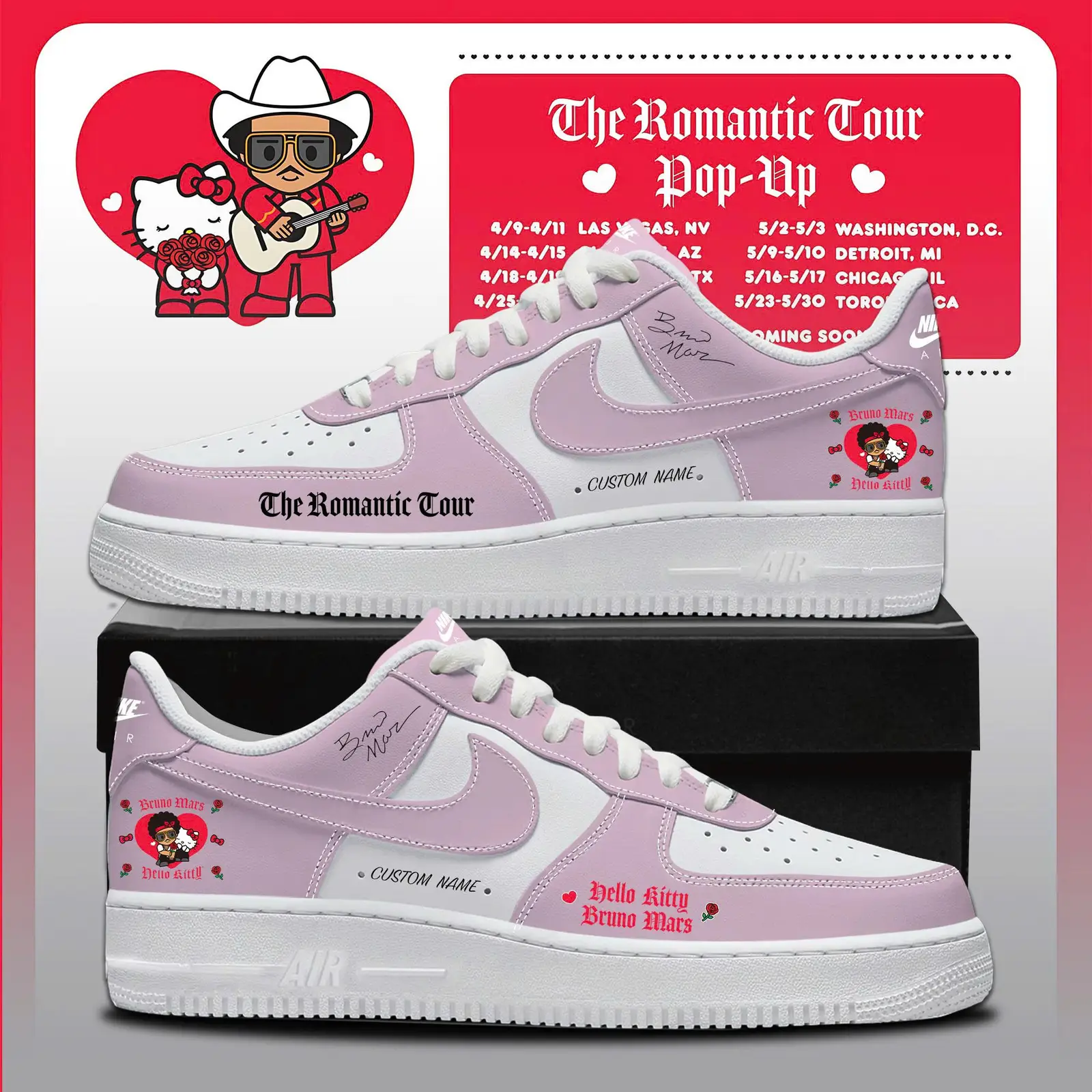 Bruno Mars x Hello Kitty "The Romantic Tour" Limited Edition Air Force 1 Sneakers | LI15