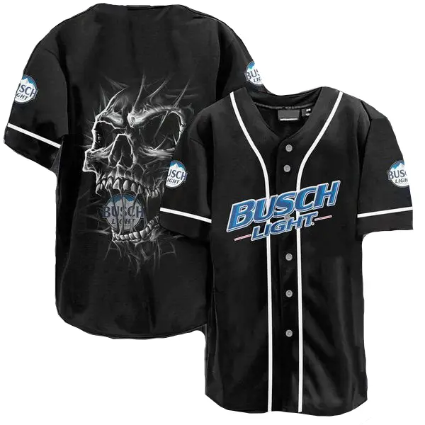 Busch Light Skull Graphic Baseball Jersey - Cool Black Sportswear For Fans
