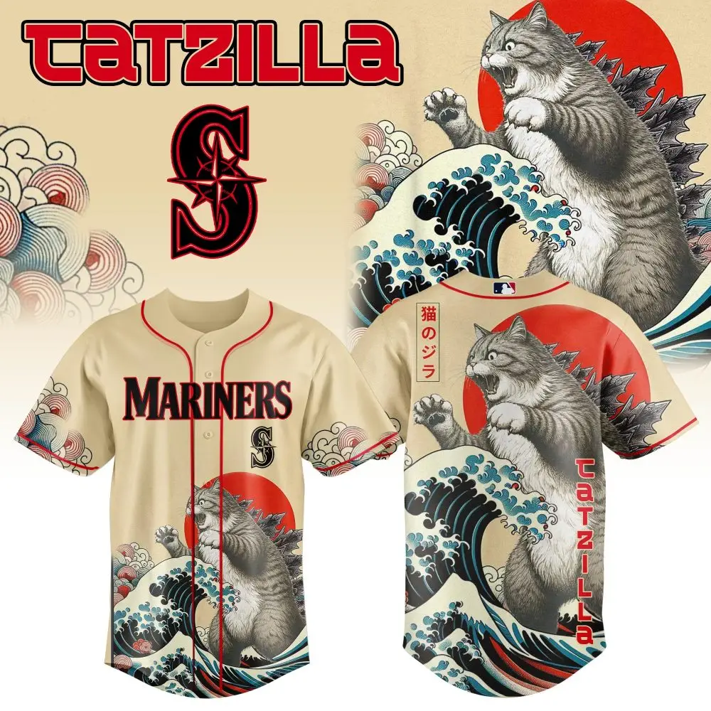 Catzilla Mariners Jersey - Unique Graphic Baseball Shirt For Cat Lovers