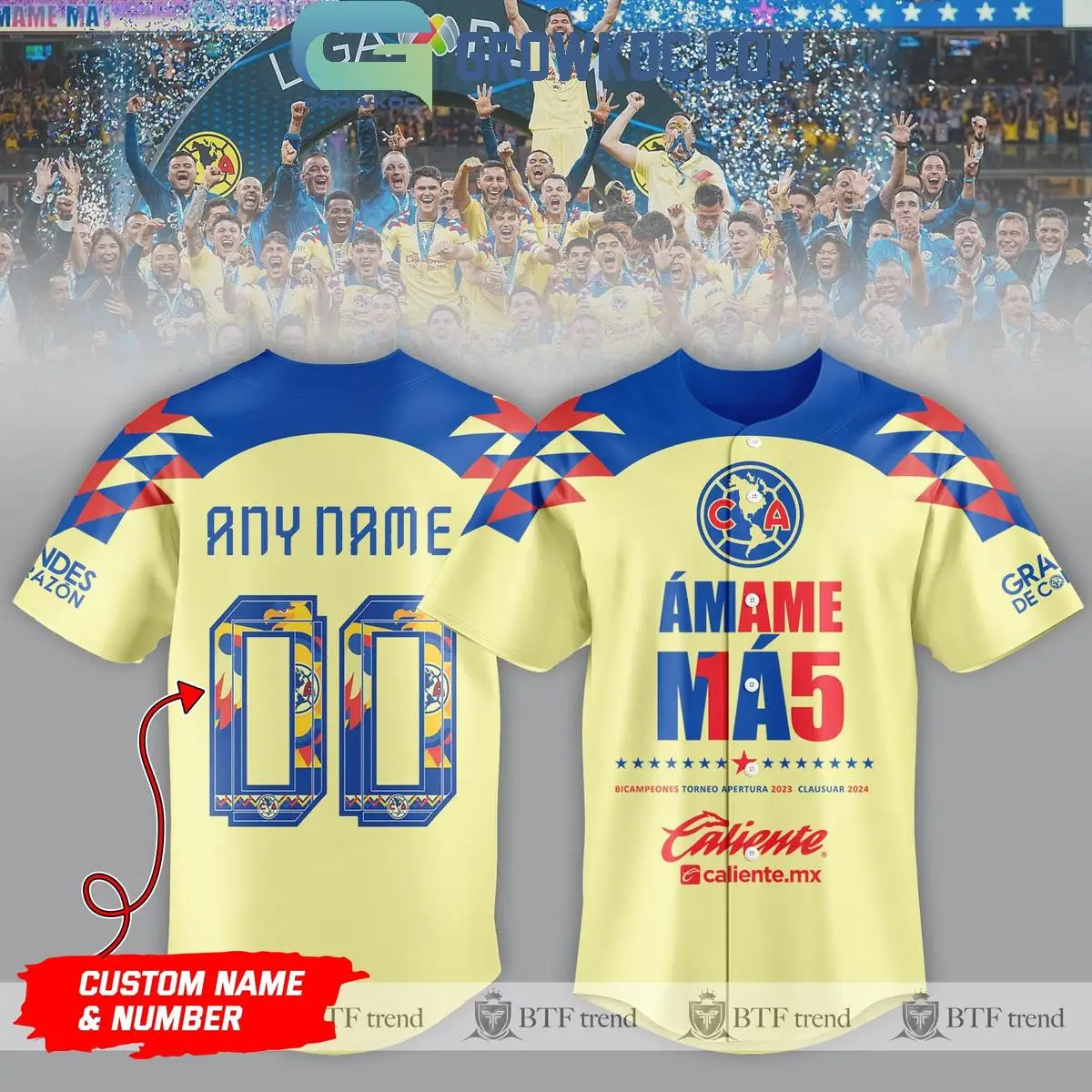 Club America Bicampeones Amame 15 Champions 2024 Personalized Baseball Jersey