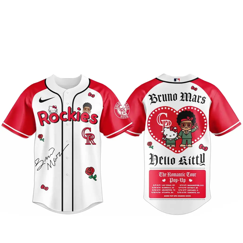 Colorado Rockies Bruno Mars x Hello Kitty 2026 The Romantic Tour Baseball Jersey - Tazila