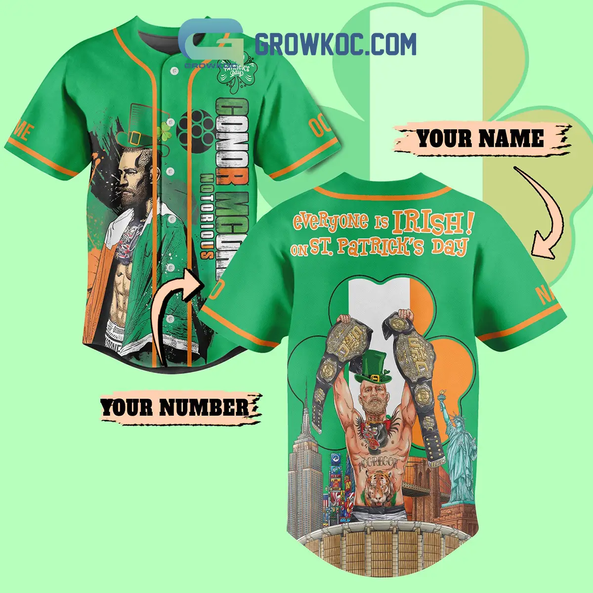 Conor McGregor St. Patrick's Day Fan Personalized Baseball Jersey