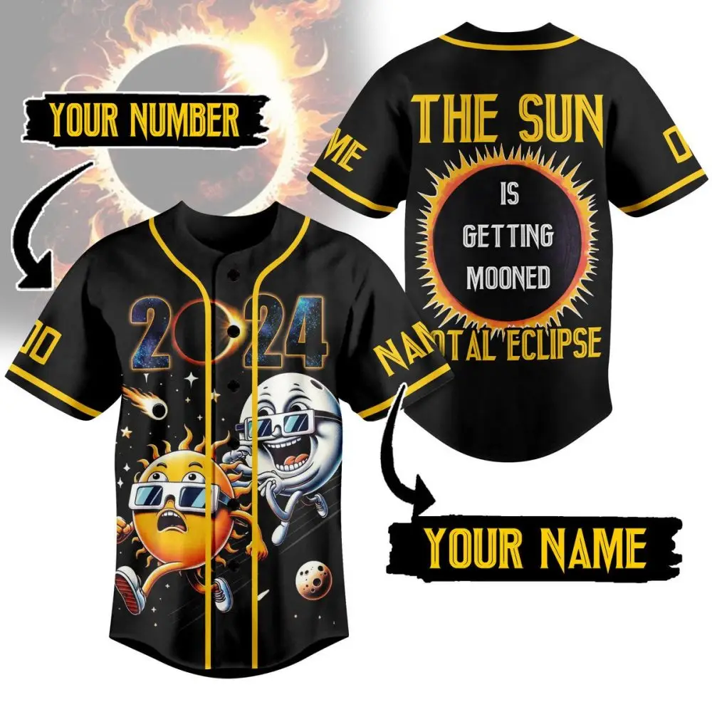 Custom 2024 Solar Eclipse Baseball Jersey - Personalized Name & Number - Fun Sun & Moon Design