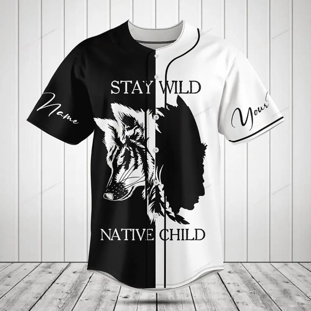 Custom Black & White Baseball Jersey - Stay Wild Native Child Wolf Design
