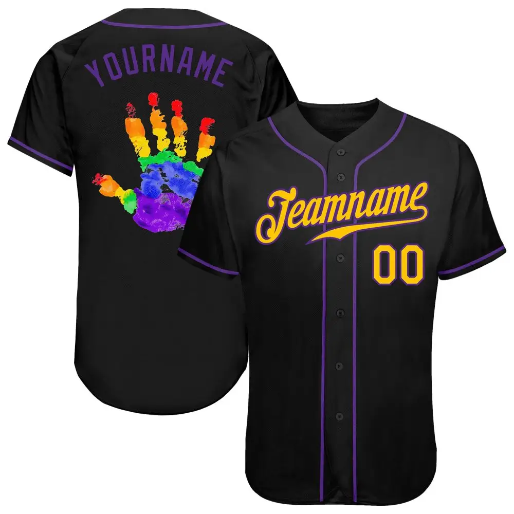 Custom Black Gold-Purple Rainbow Colored Hand For Pride Lgbt Authentic Baseball Jersey