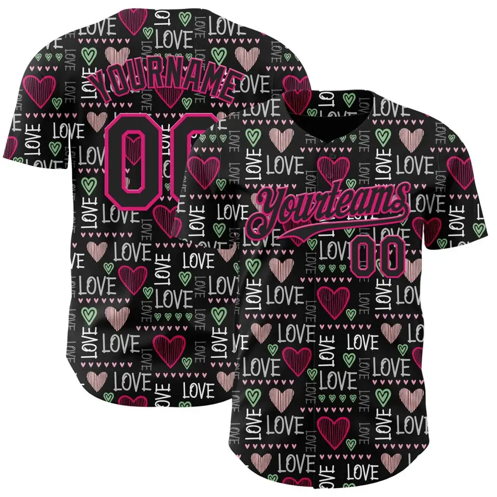 Custom Black Hot Pink Valentine'S Day Love Heart Authentic Baseball Jersey