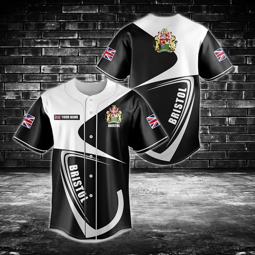 Custom Bristol Baseball Jersey - Personalized, Uk Flag Design, Black & White