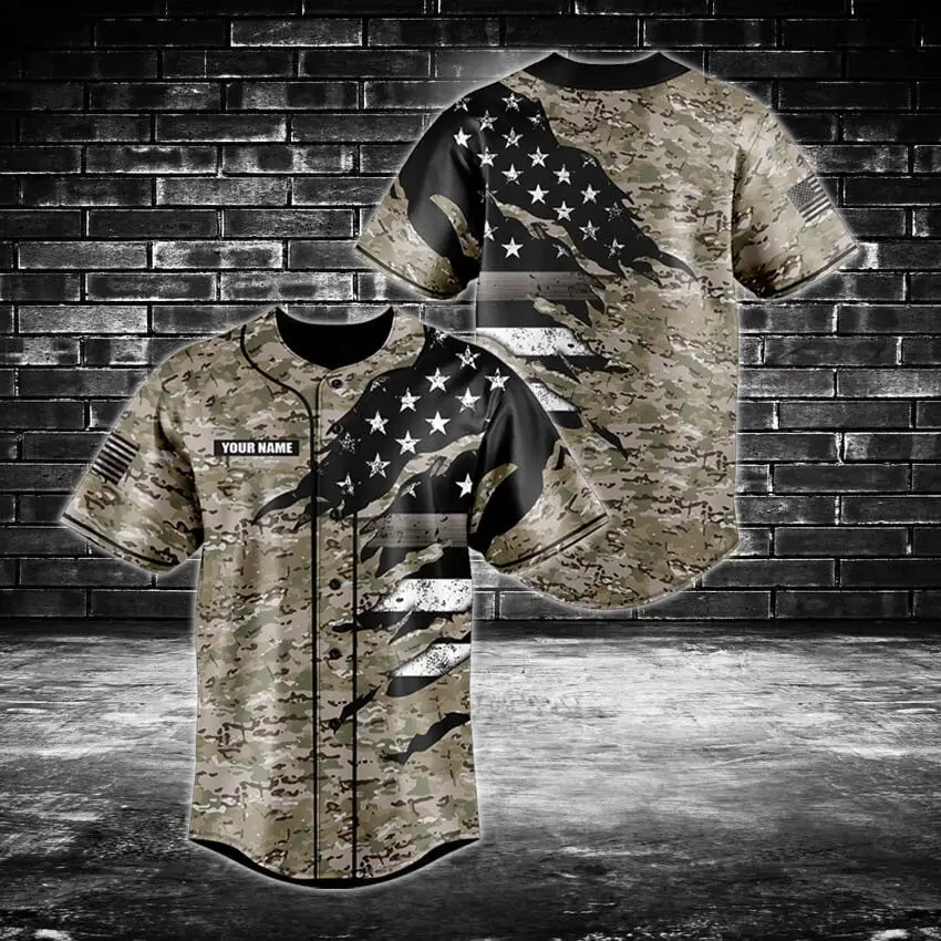 Custom Camo Baseball Jersey With American Flag Design – Personalized Sportswear Gift
