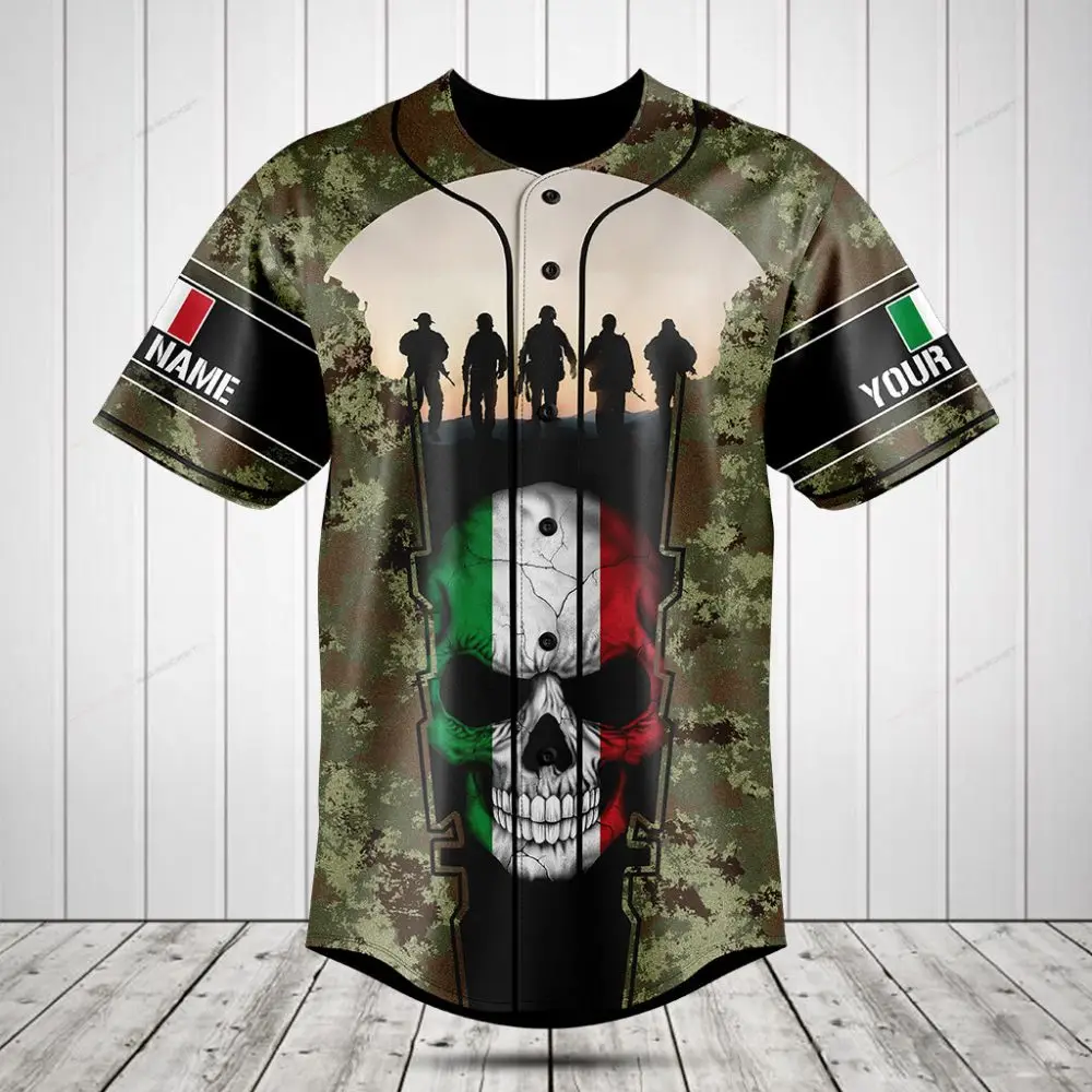 Custom Camo Baseball Jersey With Mexican Skull & Soldier Silhouette - Personalized Name