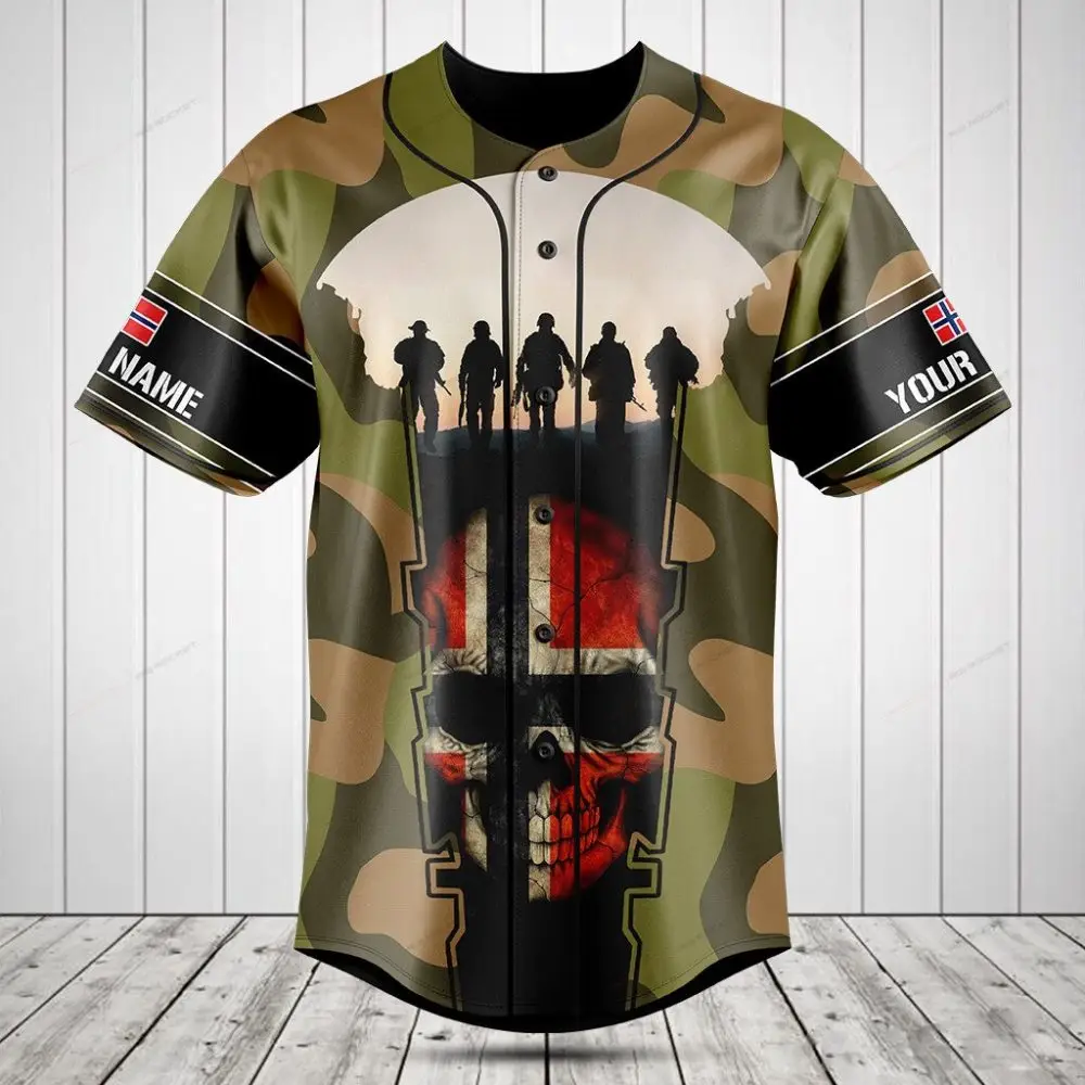 Custom Camo Baseball Jersey With Skull & Soldier Design - Personalized Name & Flag - Perfect Gift