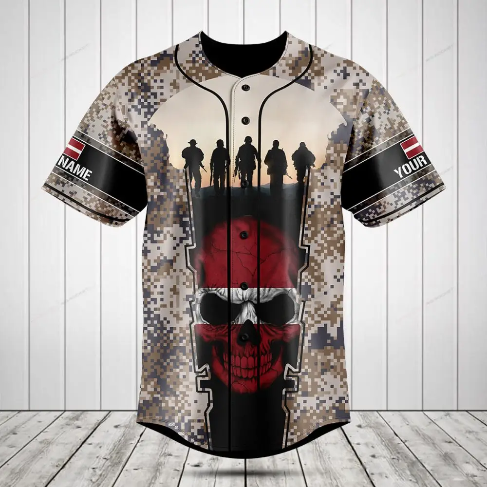 Custom Camo Baseball Jersey With Skull & Soldier Design - Personalized Name Option