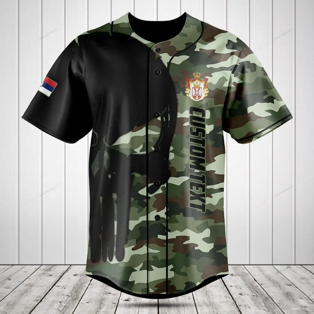 Custom Camouflage Baseball Jersey With Flag & Crest - Personalized Text, Perfect Gift!