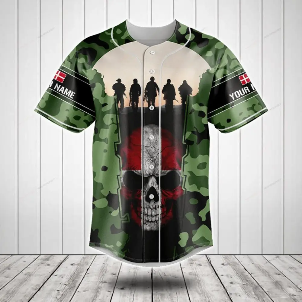 Custom Camouflage Military-Themed Baseball Jersey With Skull Design - Personalized Name & Flag