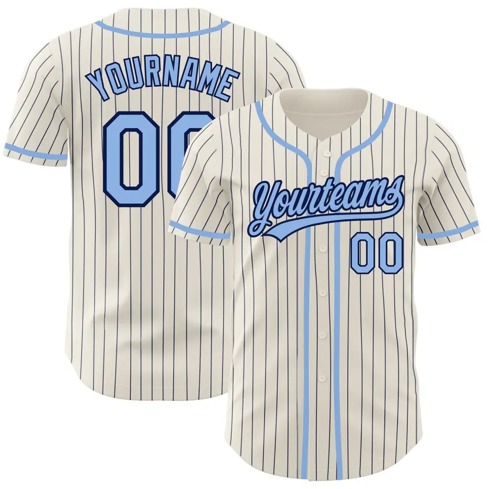 Custom Cream Navy Pinstripe Light Blue Authentic Baseball Jersey Custom Cream Navy Pinstripe Light Blue Authentic Baseball Jersey - Image 1