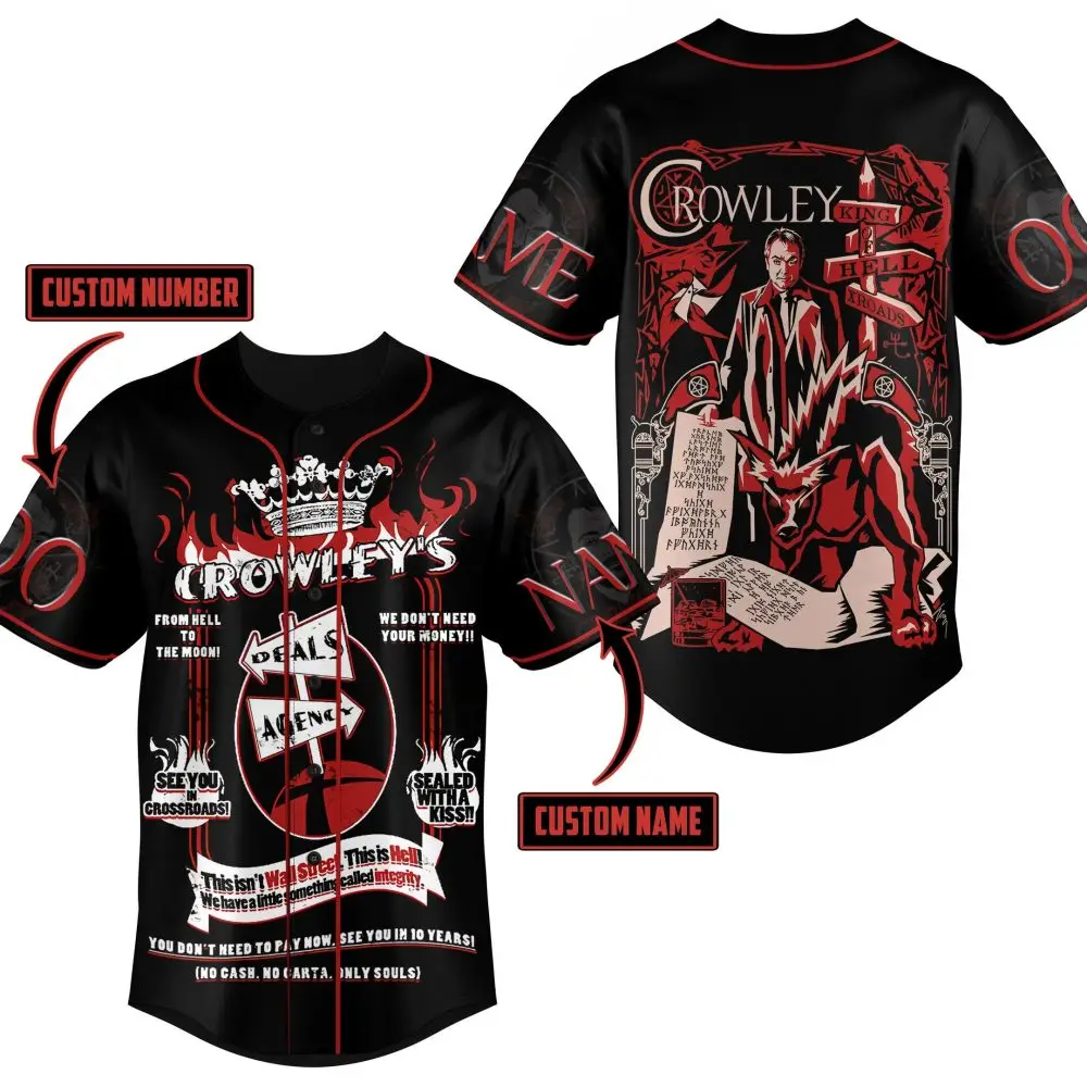 Custom Crowley Themed Baseball Jersey – Personalized Name & Number, Hellish Design Custom Crowley Themed Baseball Jersey – Personalized Name & Number, Hellish Design - Image 1