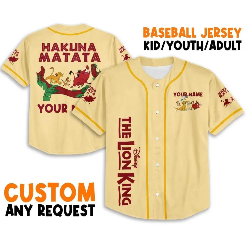 Custom Disney Lion King Baseball Jersey - Kids/Youth/Adult - Hakuna Matata Design Custom Disney Lion King Baseball Jersey - Kids/Youth/Adult - Hakuna Matata Design - Image 1