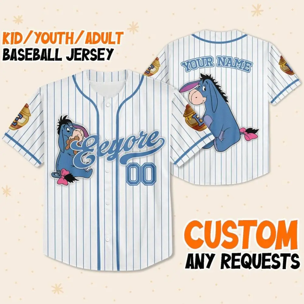 Custom Eeyore Baseball Jersey For Kids/Youth/Adults - Personalize Your Name!