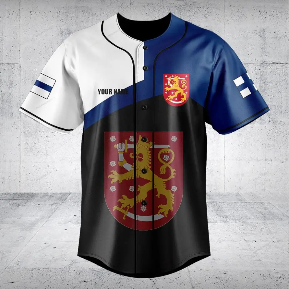 Custom Finnish Flag Baseball Jersey – Personalized Team Sportswear With Lion Emblem