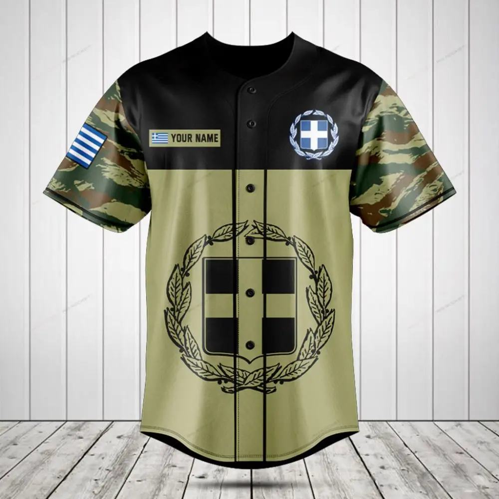 Custom Greek Flag Camo Baseball Jersey - Personalized Name & Crest Design