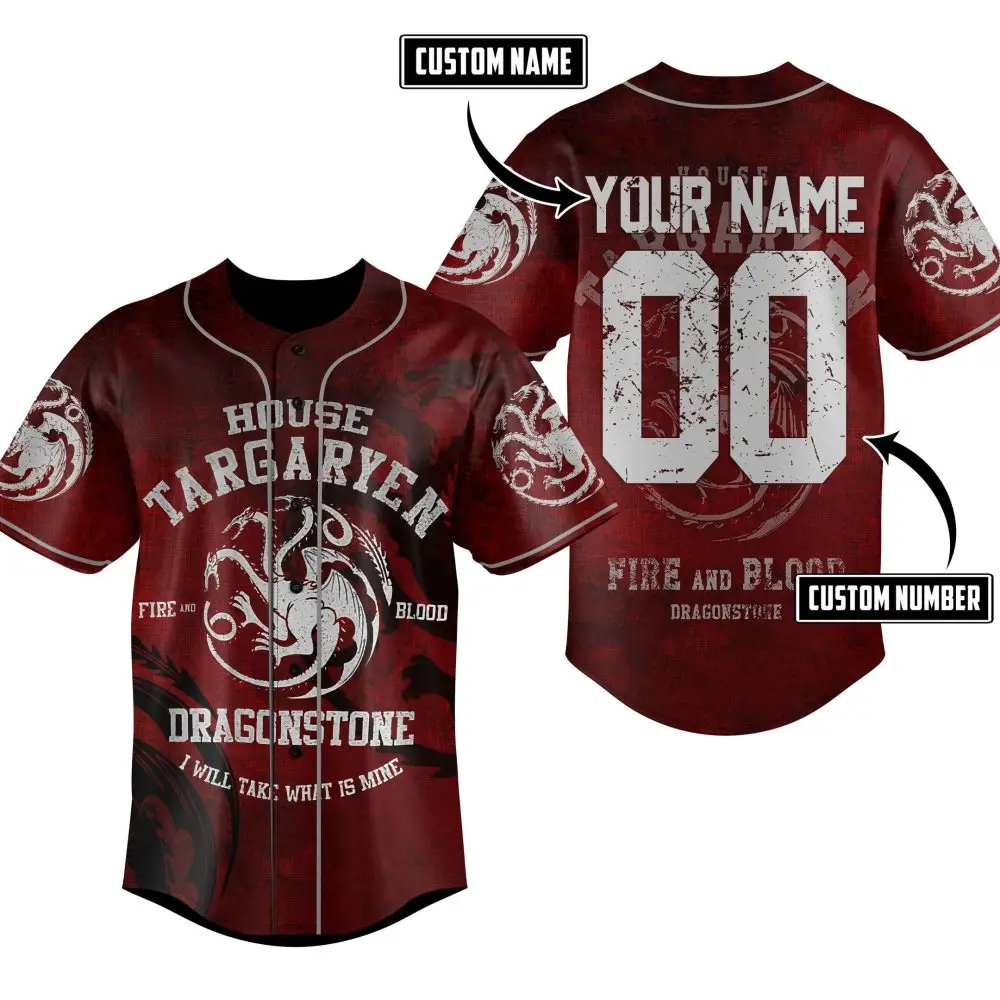 Custom House Targaryen Baseball Jersey – Personalized Name & Number – Fire And Blood Theme