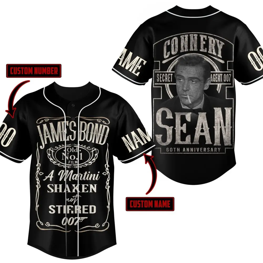 Custom James Bond Baseball Jersey - 60Th Anniversary Sean Connery 007 Design - Personalized Name & Number