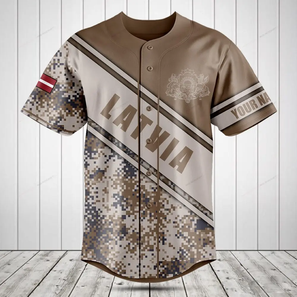 Custom Latvia Camo Baseball Jersey - Personalized Name & Flag Design, Unisex Sportswear