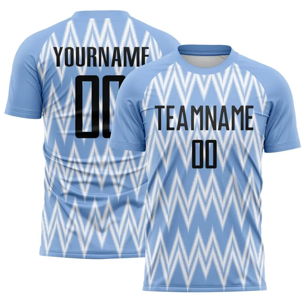 Custom Light Blue Black-White Argentina Zigzag Pattern Sports Sublimation Soccer Uniform Jersey Custom Light Blue Black-White Argentina Zigzag Pattern Sports Sublimation Soccer Uniform Jersey - Image 1