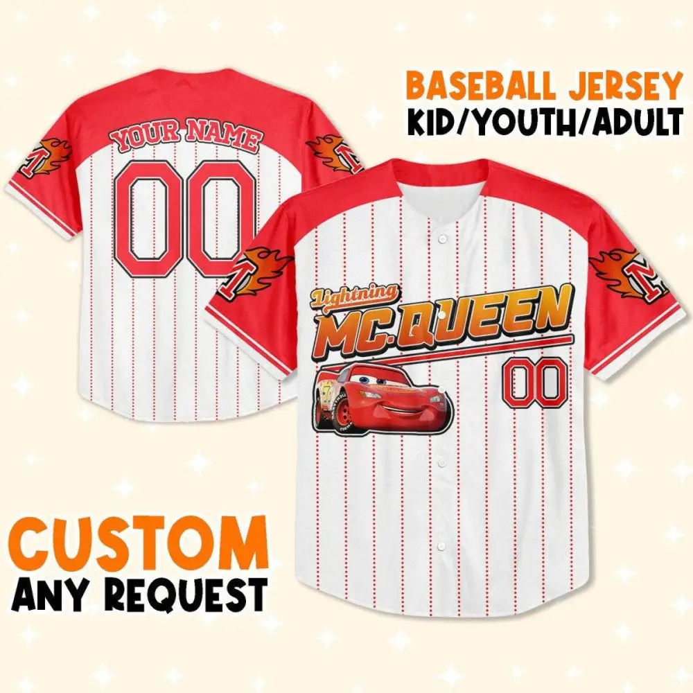 Custom Lightning Mcqueen Baseball Jersey – Kids/Youth/Adult Sizes, Personalize Your Name!