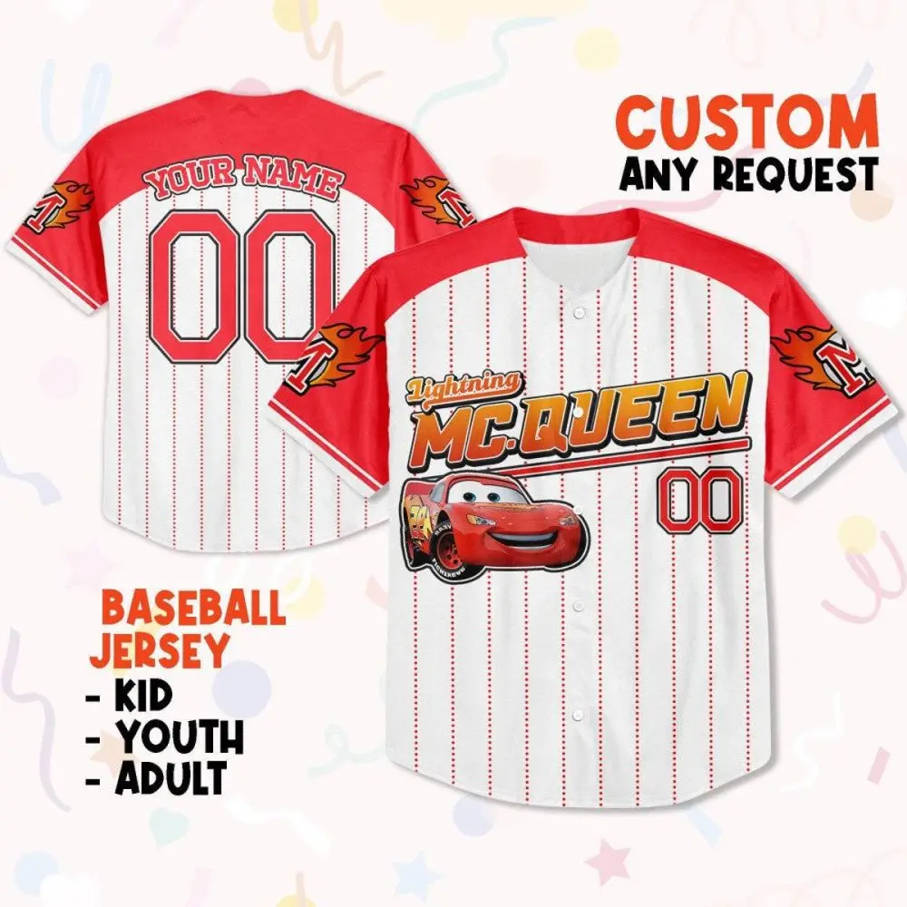 Custom Lightning Mcqueen Baseball Jersey – Personalized Name & Number For Kids, Youth, Adults