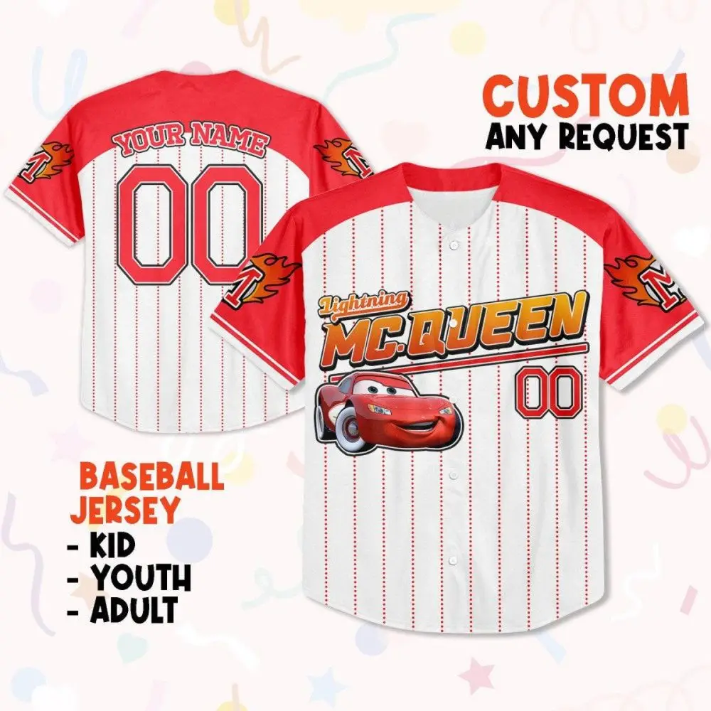 Custom Lightning Mcqueen Baseball Jersey – Personalized Name & Number For Kids, Youth, Adults