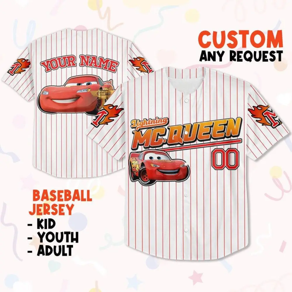 Custom Lightning Mcqueen Baseball Jersey - Kids, Youth, Adult Sizes - Personalized Sportswear Gift
