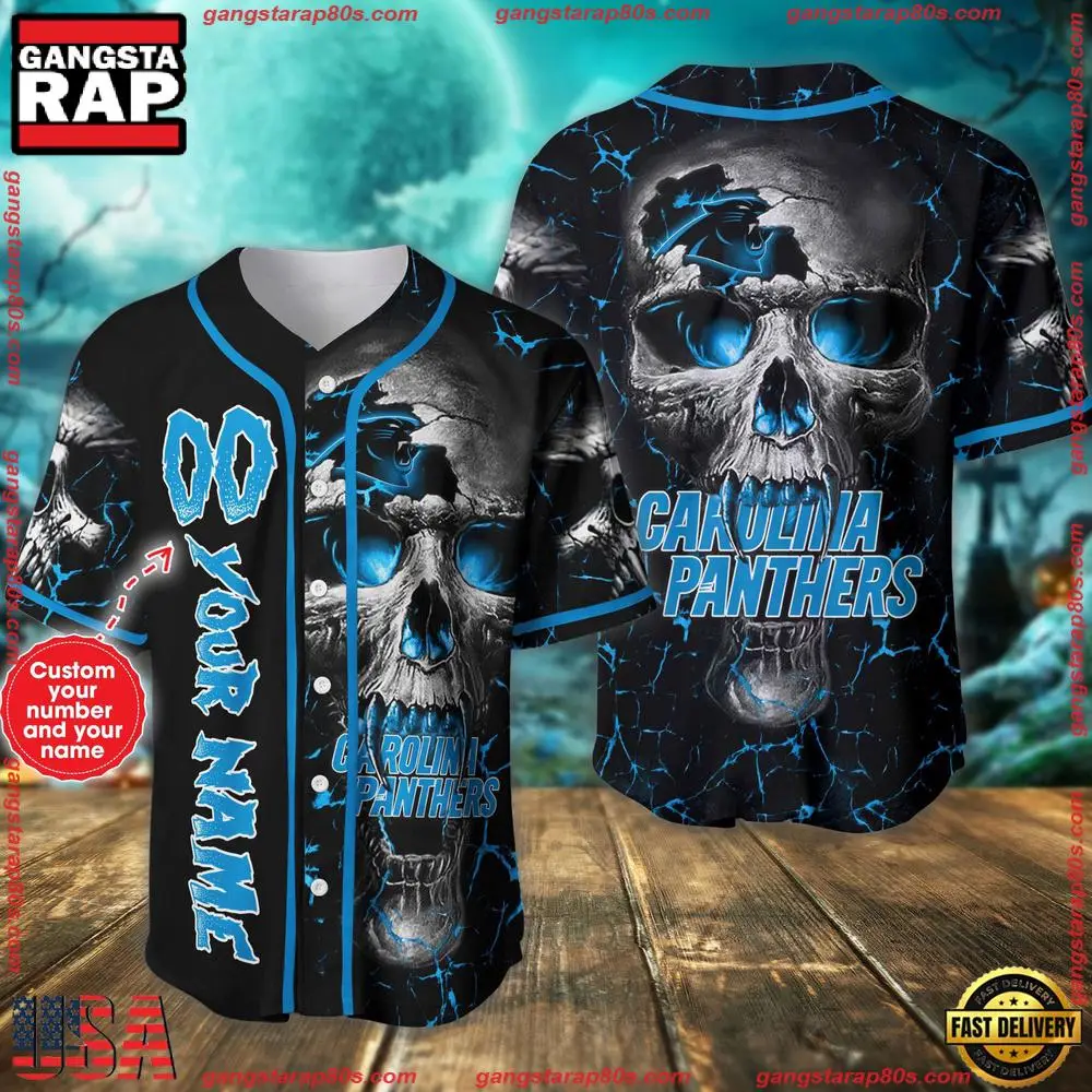Custom Name And Number Carolina Panthers NFL Team Skull Baseball Jersey Shirt