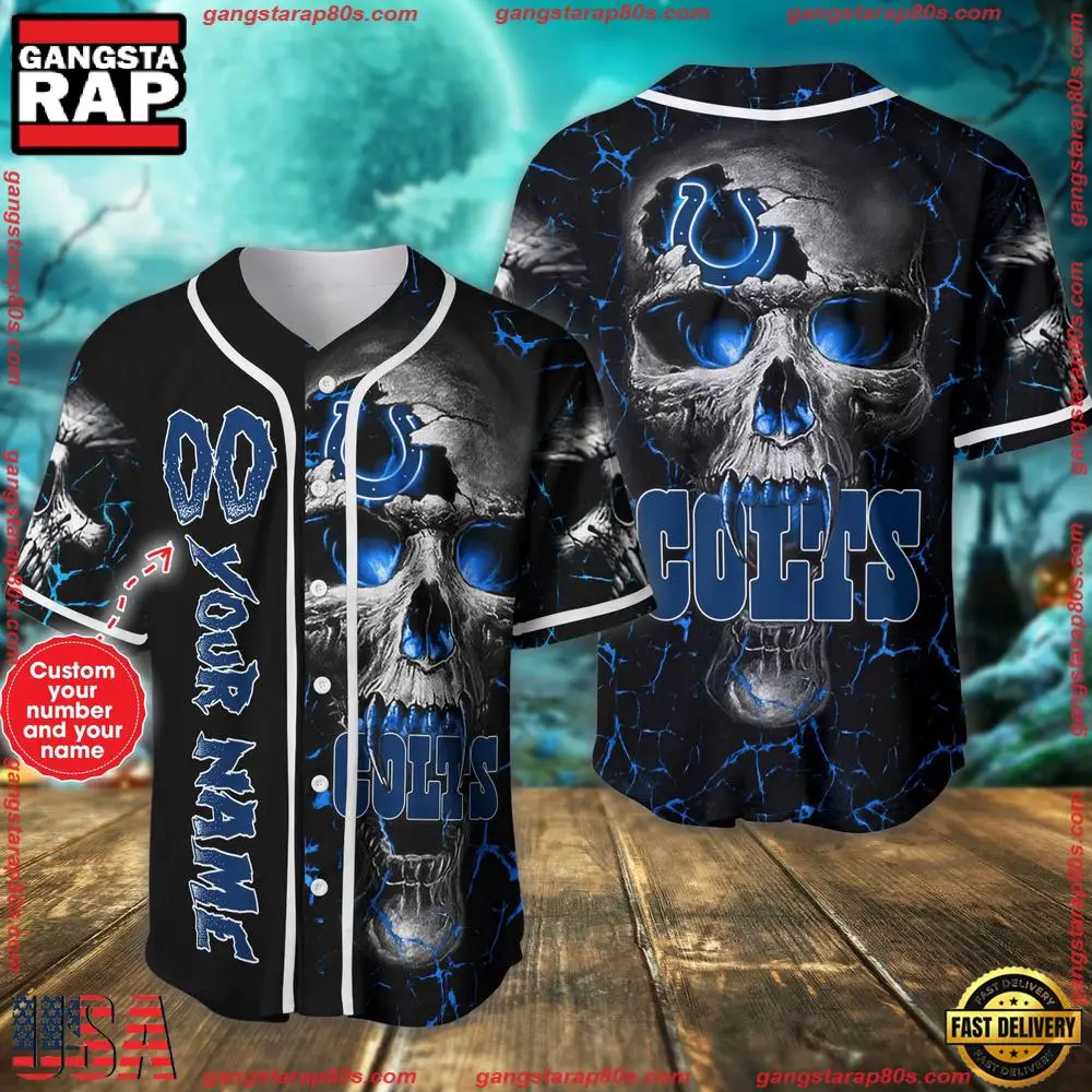 Custom Name And Number Indianapolis Colts NFL Team Skull Baseball Jersey Shirt Custom Name And Number Indianapolis Colts NFL Team Skull Baseball Jersey Shirt - Image 1