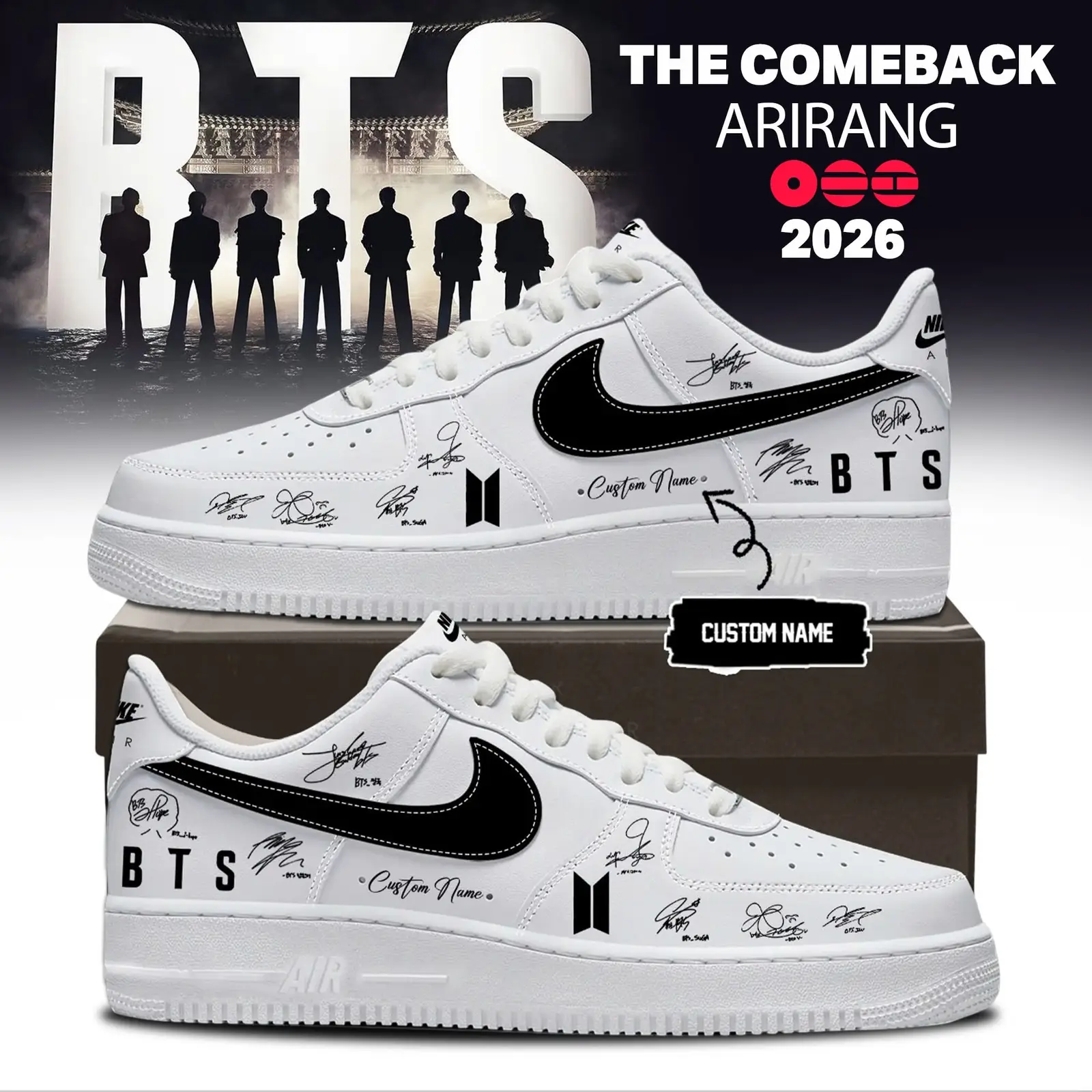 Custom Name BTS World Tour 2026 Arirang Merch BTS 2026 Air Force 1 Sneakers Gift For Music Lovers