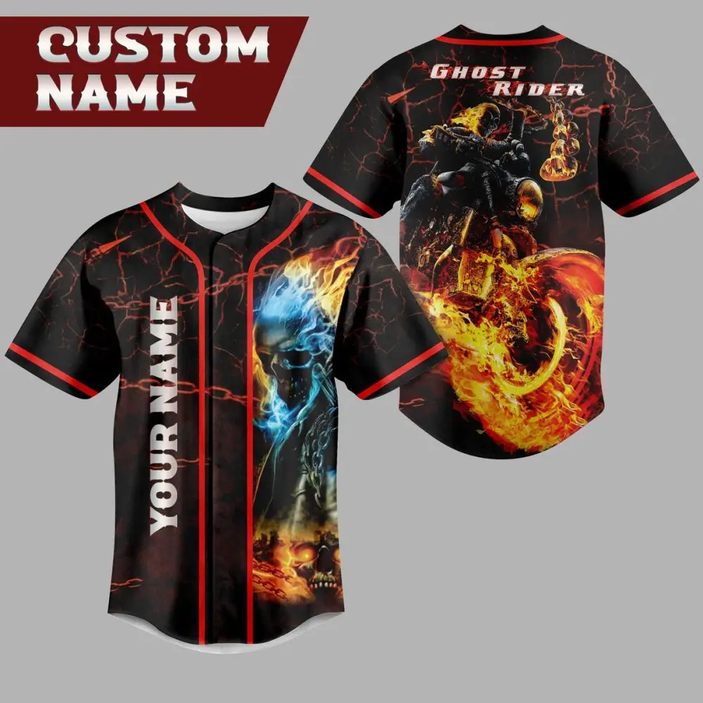 Custom Name Ghost Rider Baseball Jersey - Personalized Flame Design Shirt