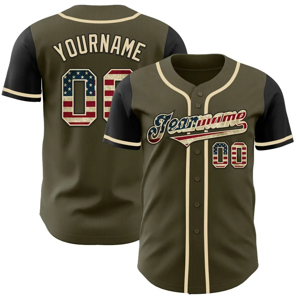 Custom Olive Vintage Usa Flag-Black Authentic Two Tone Salute To Service Baseball Jersey