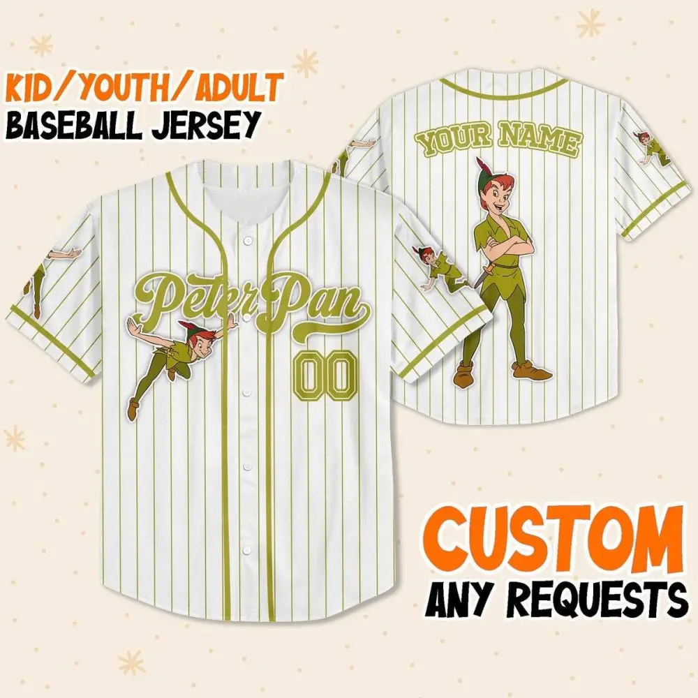 Custom Peter Pan Baseball Jersey - Kid/Youth/Adult Sizes - Personalize With Your Name!