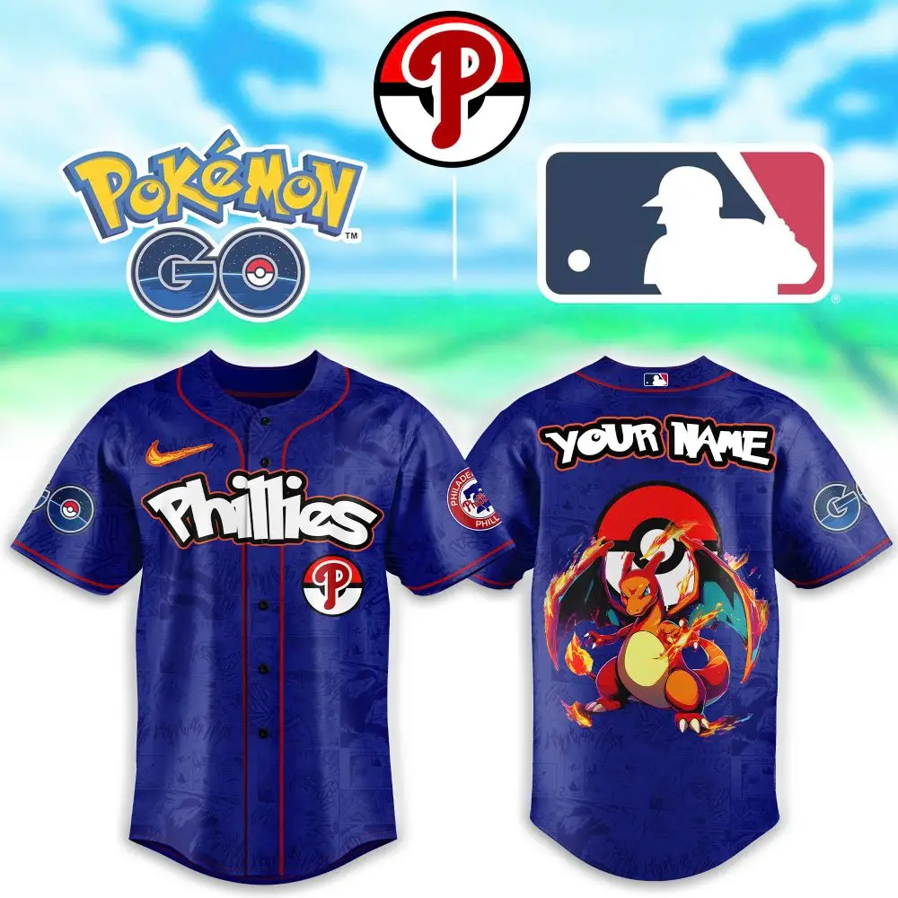 Custom Phillies Baseball Jersey - Pokémon Charizard Design - Personalized Name