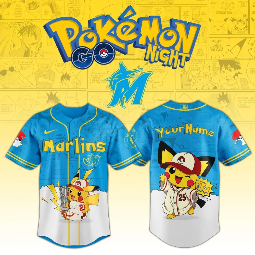 Custom Pokémon Night Marlins Jersey – Pikachu Baseball Design , Personalized Name Custom Pokémon Night Marlins Jersey – Pikachu Baseball Design , Personalized Name - Image 1