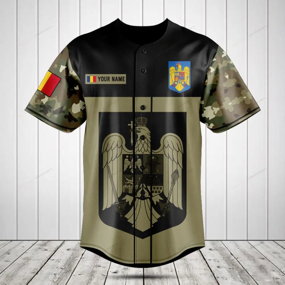 Custom Romanian Flag Baseball Jersey - Personalized Military Camo Design