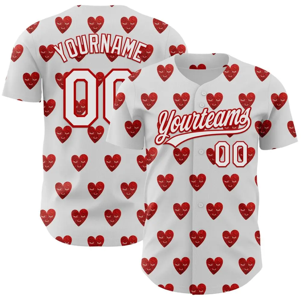 Custom White Red 3D Love Heart Valentine'S Day Authentic Baseball Jersey