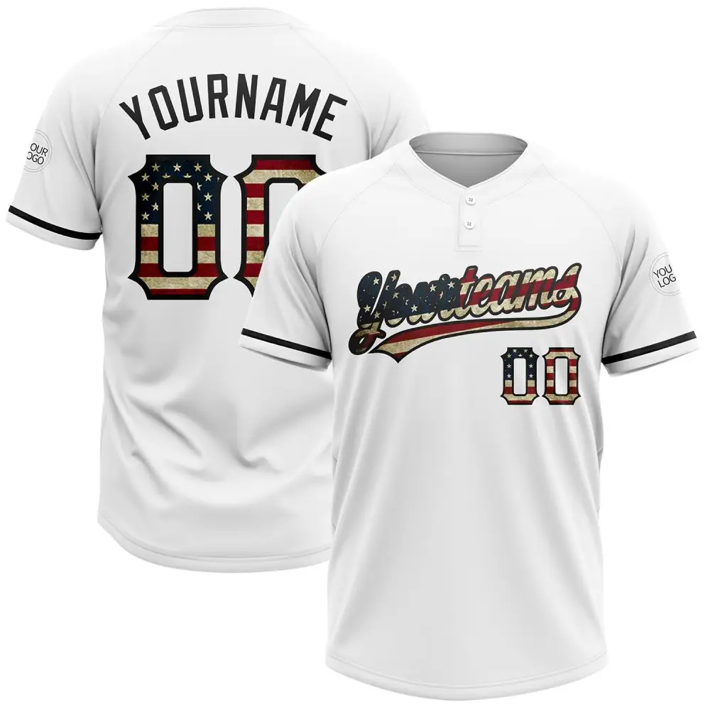 Custom White Vintage Usa Flag-Black Two-Button Unisex Softball Jersey