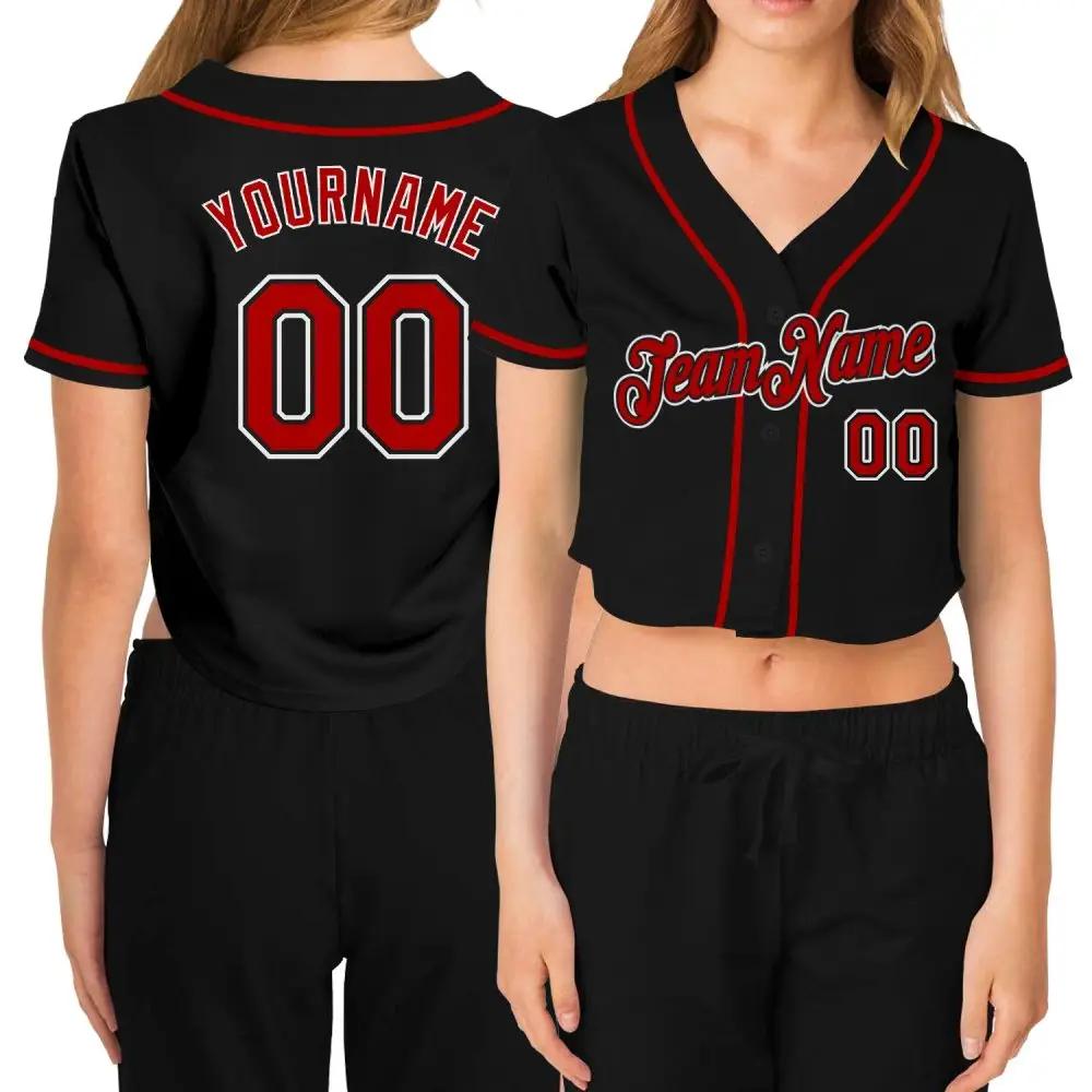 Custom Women'S Black Red-White V-Neck Cropped Baseball Jersey