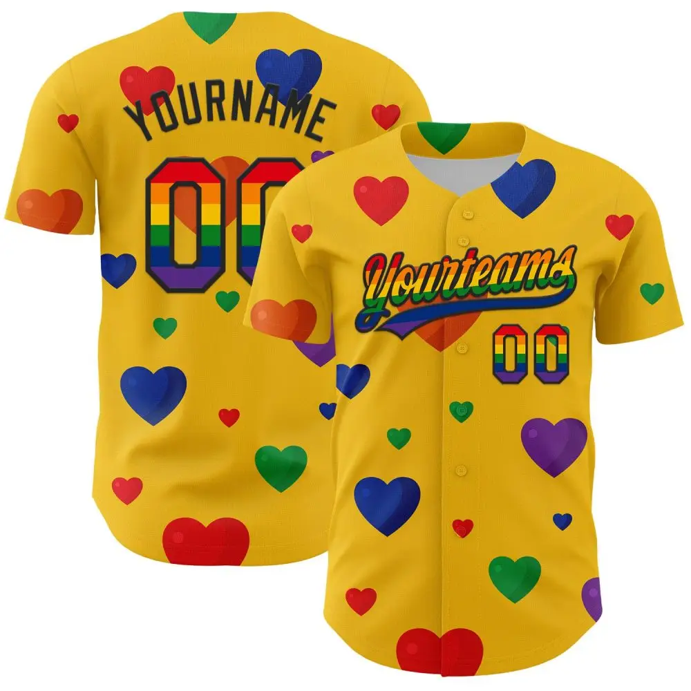 Custom Yellow Rainbow-Black 3D Love Heart Valentine'S Day Authentic Baseball Jersey