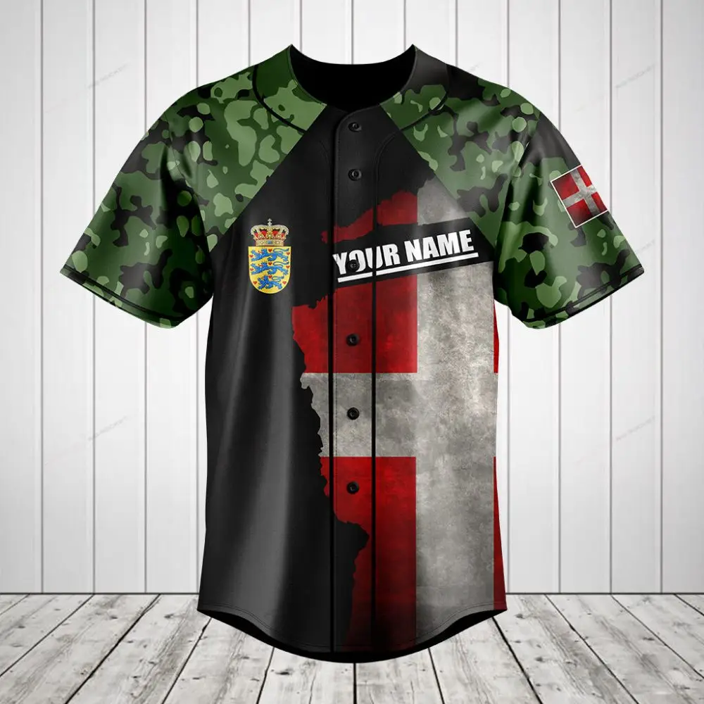 Customizable Danish Flag Baseball Jersey - Personalized Name & Camo Design, Perfect Gift!